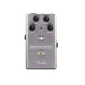 Silver guitar effect pedal labeled Engager Boost with knobs, toggle switch, footswitch, and Fender logo.