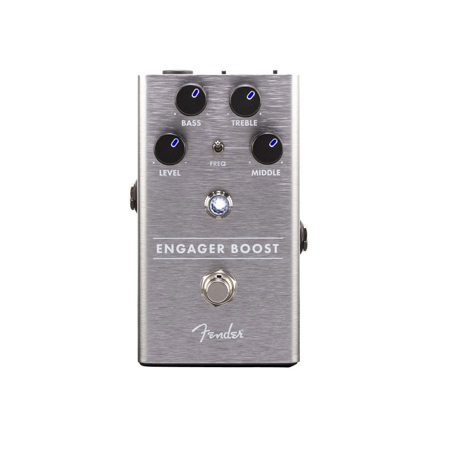 Silver guitar effect pedal labeled Engager Boost with knobs, toggle switch, footswitch, and Fender logo.