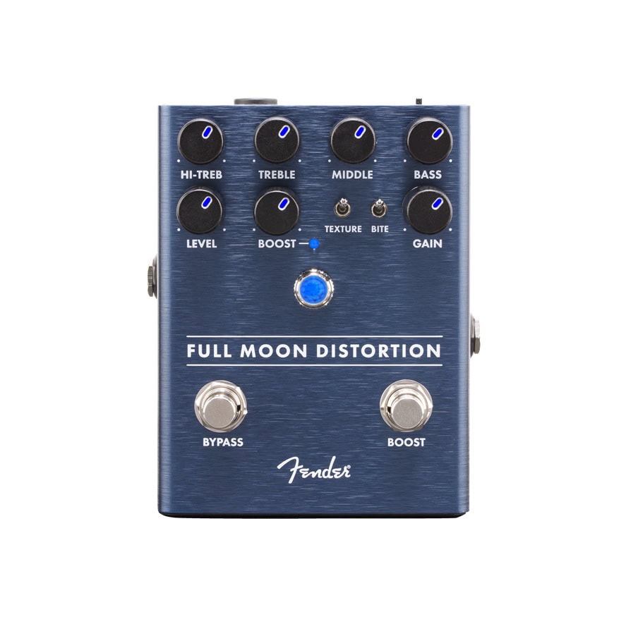 Blue Fender Full Moon Distortion pedal with multiple control knobs, toggle switches, and two footswitches.