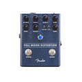 Blue Fender Full Moon Distortion pedal with multiple control knobs, toggle switches, and two footswitches.