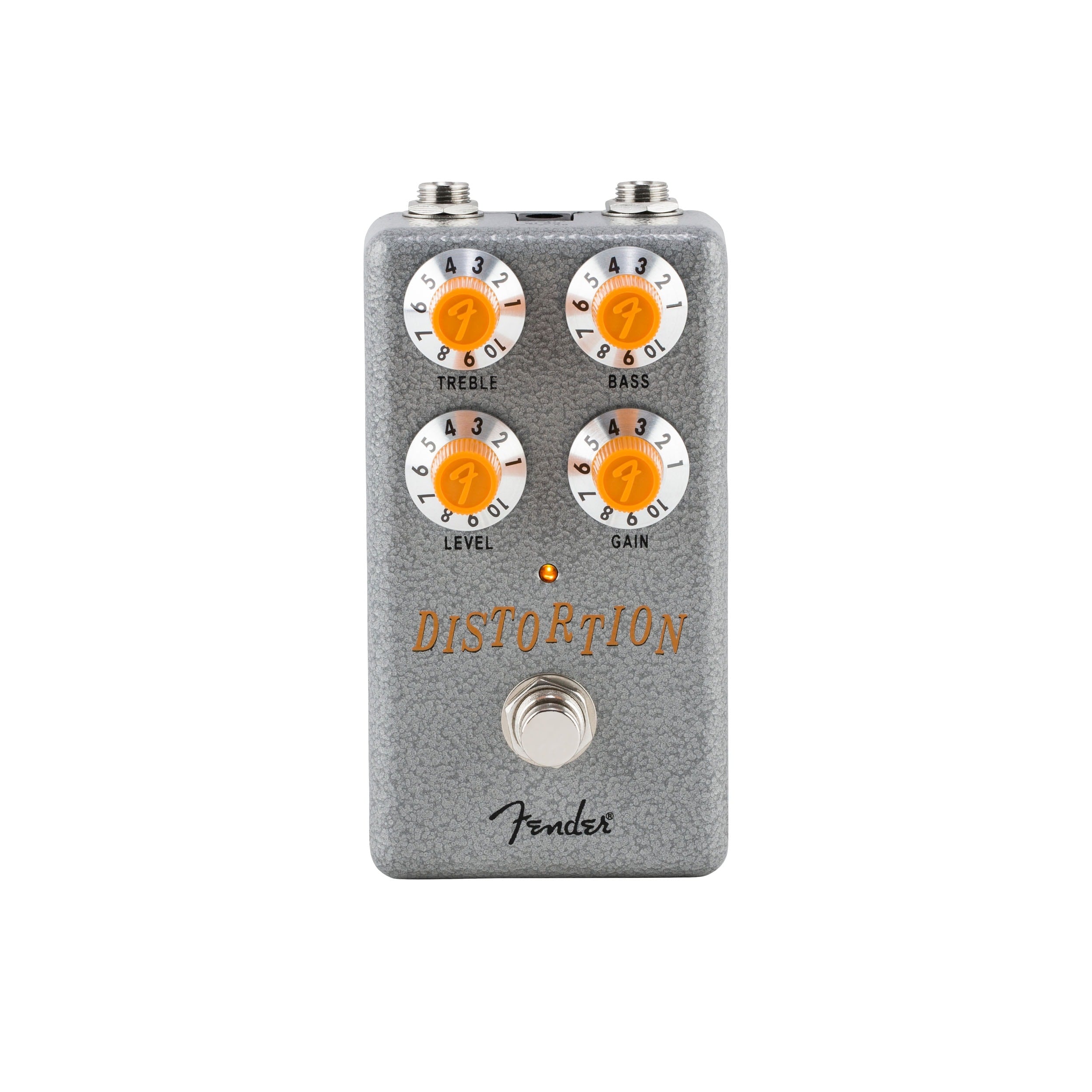 Grey distortion guitar effects pedal with four orange knobs and a footswitch labeled Fender Distortion.