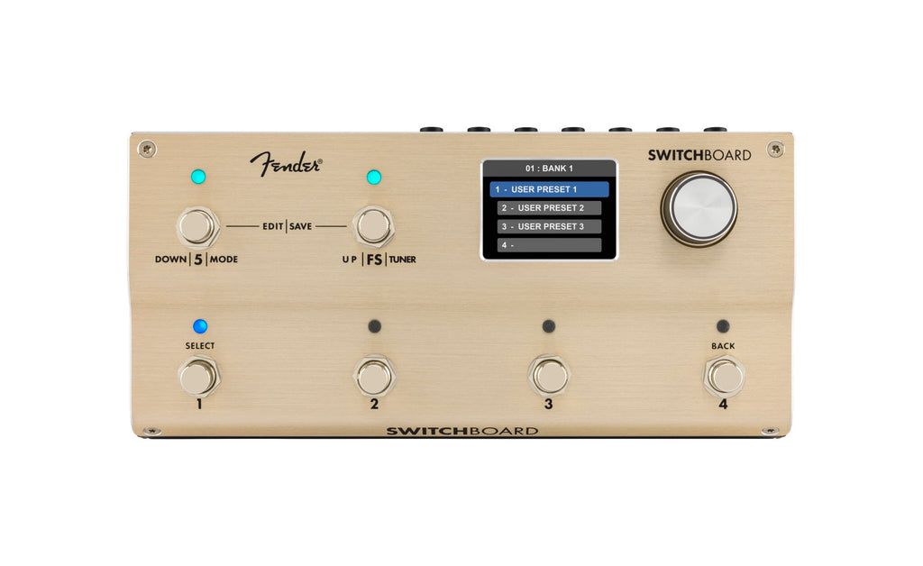 Beige Fender Switchboard multi-effect foot controller pedal with display screen and multiple footswitches.