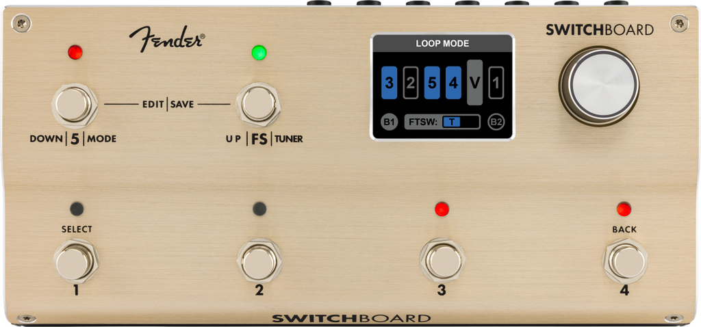Top view of a beige Fender Switchboard effects operator with six footswitches, rotary knob, and a colored display screen.