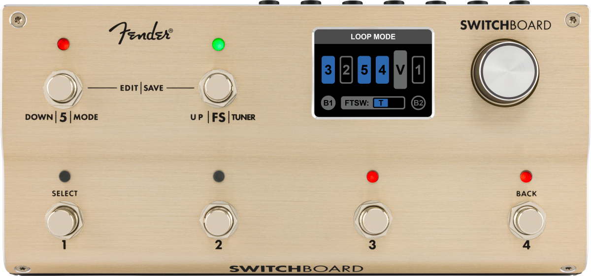 Top view of a beige Fender Switchboard effects operator with six footswitches, rotary knob, and a colored display screen.