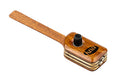 Wooden ukulele pickup with a control knob and a 1/4 inch audio jack on a white background.