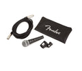 Black handheld microphone with XLR cable, microphone clip, and black soft pouch with Fender logo.