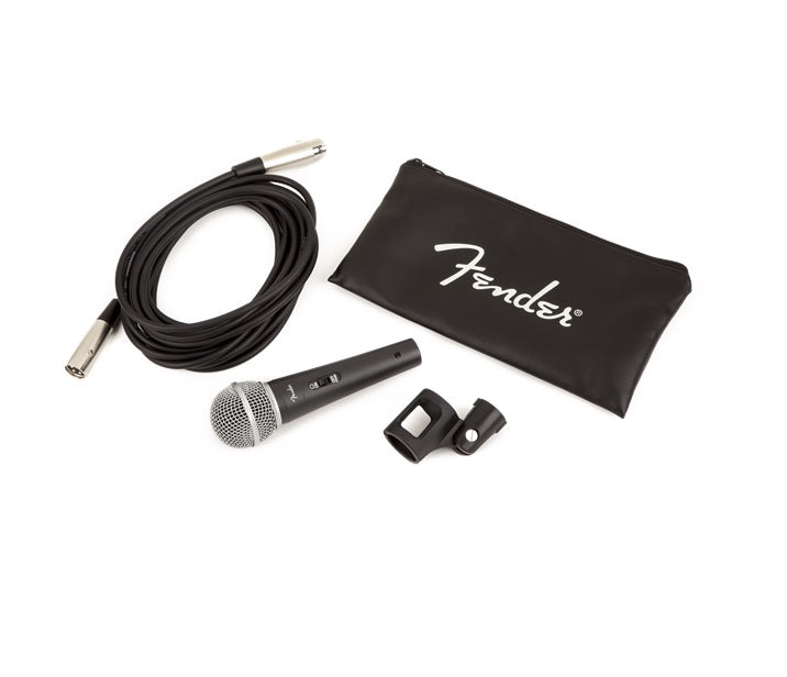 Black handheld microphone with XLR cable, microphone clip, and black soft pouch with Fender logo.