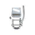 A silver metal vibrato kit for guitar including a bridge plate, vibrato base with arm, and mounting screws.