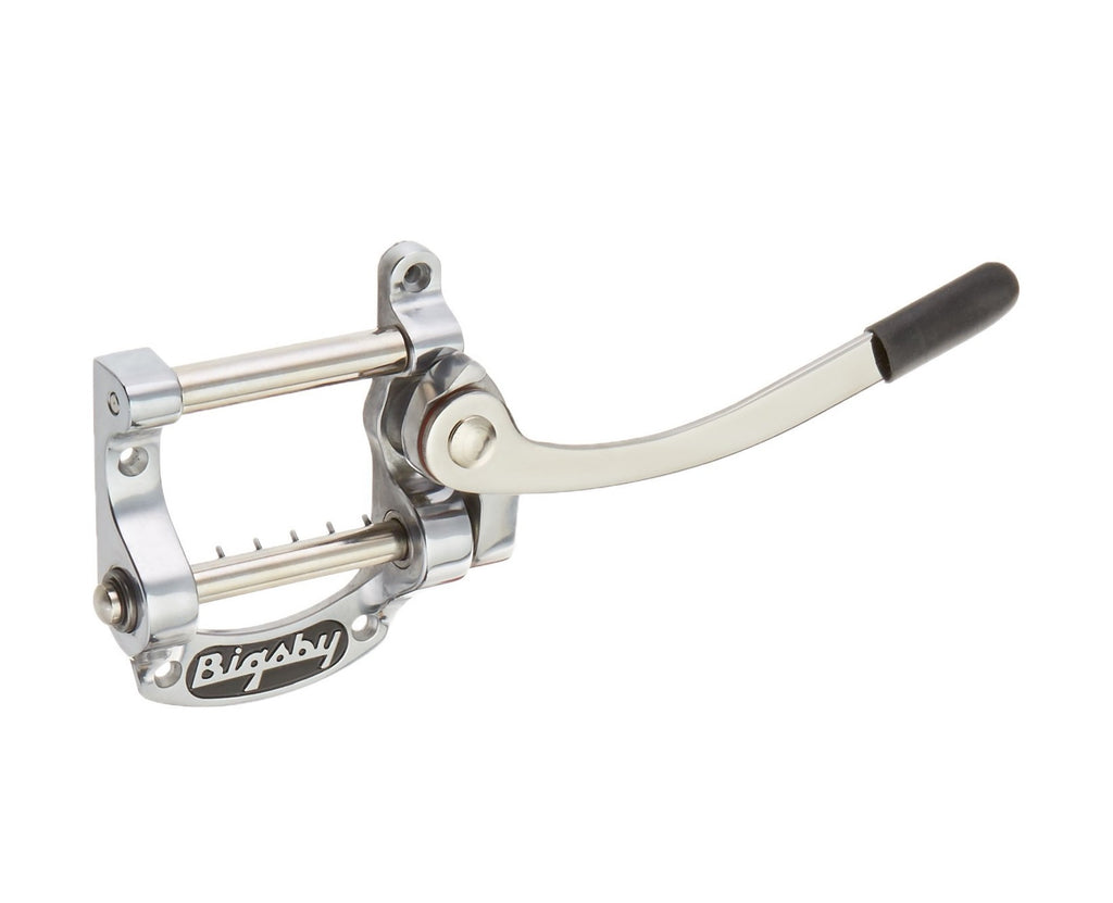 Chrome metal vibrato kit with lever arm and mounting plate labeled Bigsby