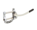 Chrome metal vibrato kit with lever arm and mounting plate labeled Bigsby
