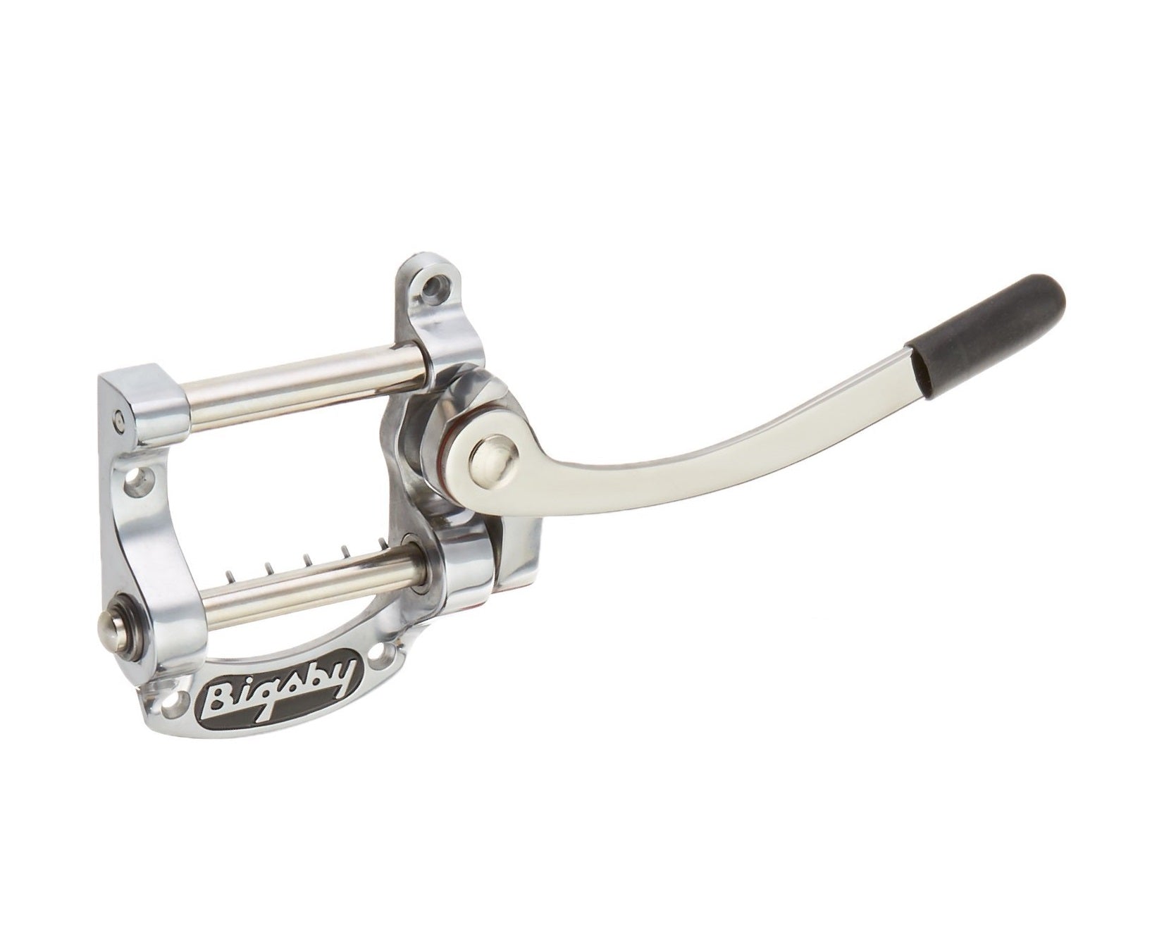 Chrome metal vibrato kit with lever arm and mounting plate labeled Bigsby