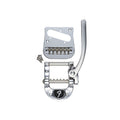 Silver metal guitar tremolo kit parts including a lever arm, mounting plate, baseplate with saddles, and screws.