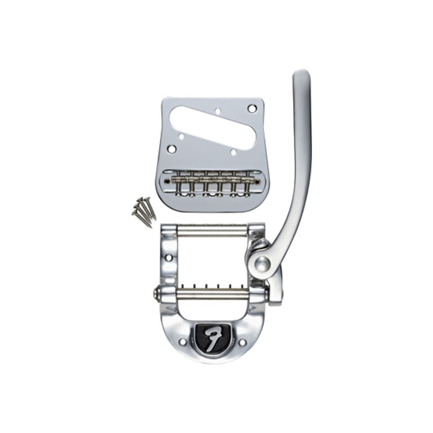 Silver metal guitar tremolo kit parts including a lever arm, mounting plate, baseplate with saddles, and screws.