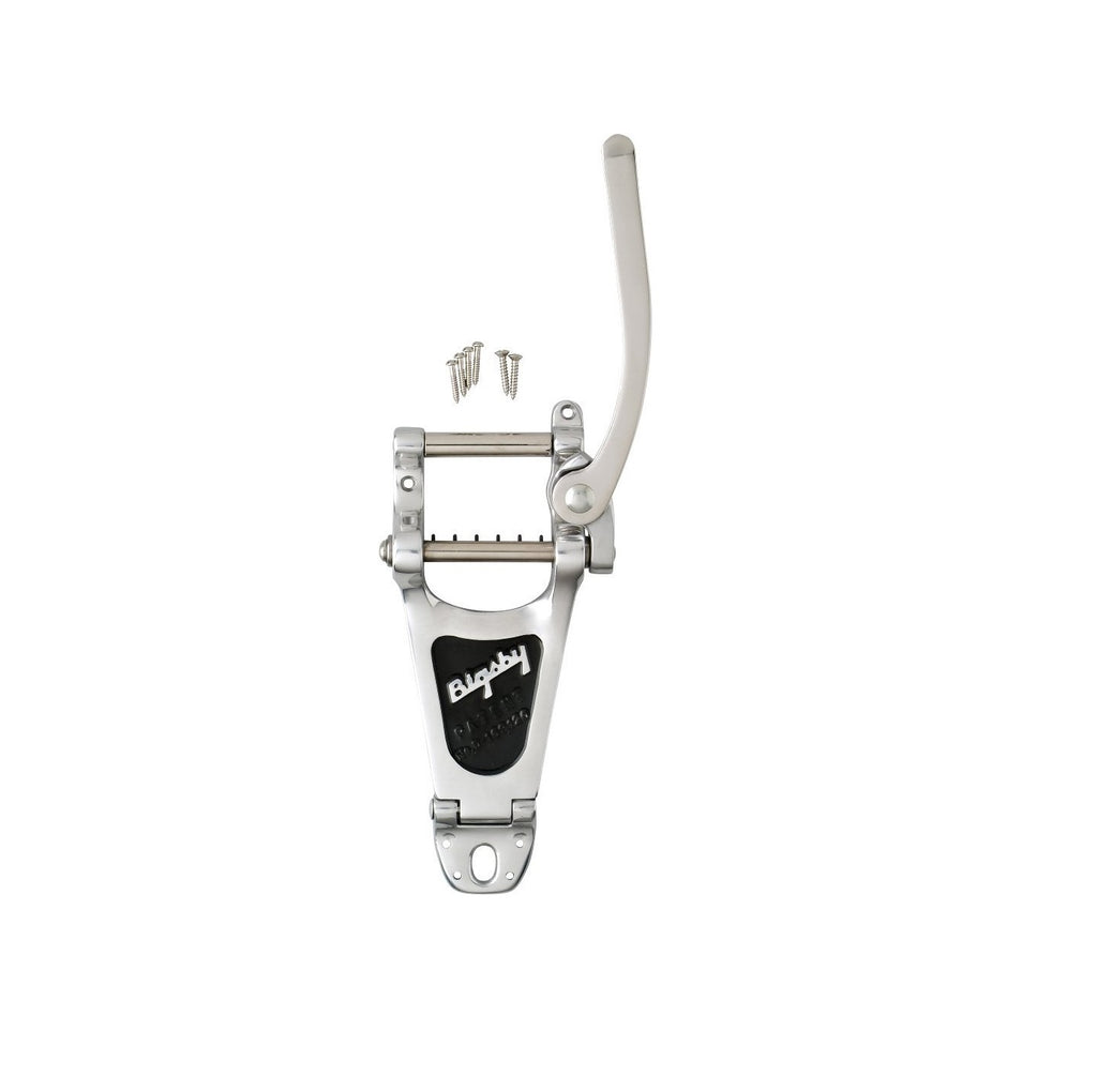 Polished silver metal vibrato arm with black plate and mounting screws on a white background