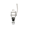Polished silver metal vibrato arm with black plate and mounting screws on a white background