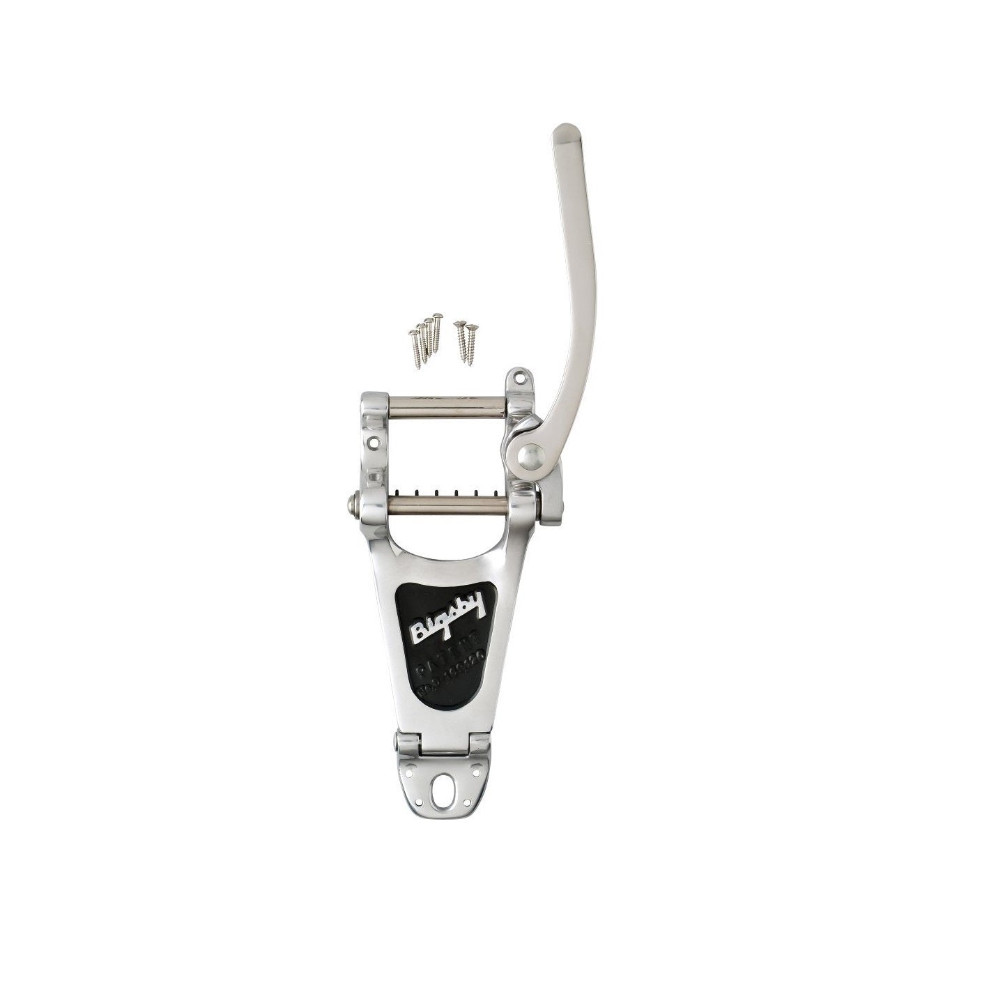 Polished silver metal vibrato arm with black plate and mounting screws on a white background