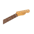 Partial view of a guitar neck with rosewood fretboard and light wood headstock with Fender and Telecaster text.