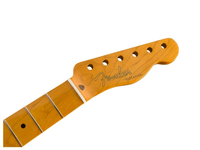 Light brown guitar neck with six tuning peg holes and labeled Fender Telecaster headstock