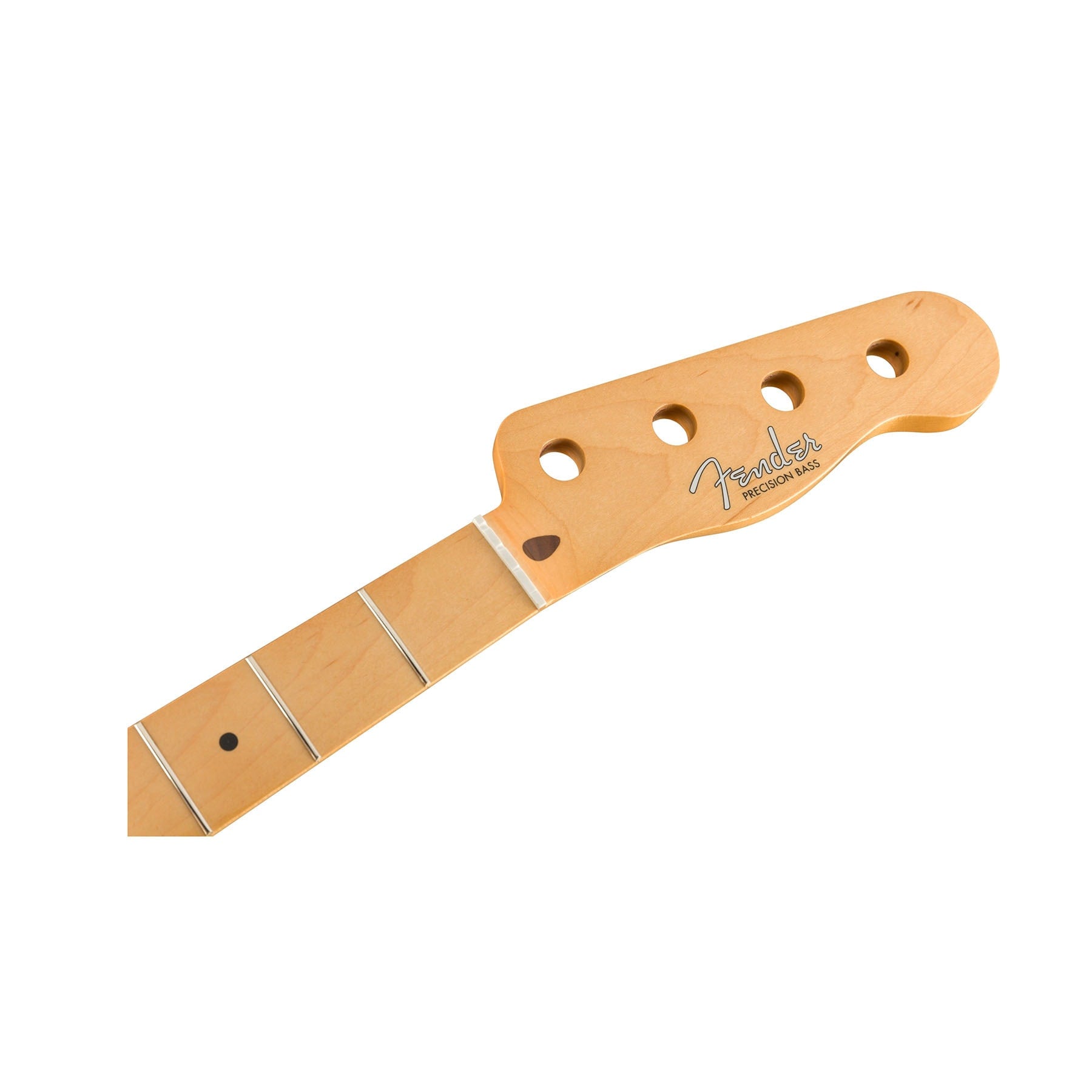 Maple guitar neck with four tuner holes and Fender Precision Bass logo on the headstock.