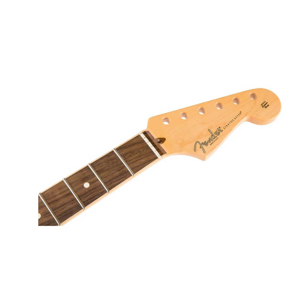 Close-up of a guitar neck with a rosewood fretboard and a light wood headstock with Fender logo.