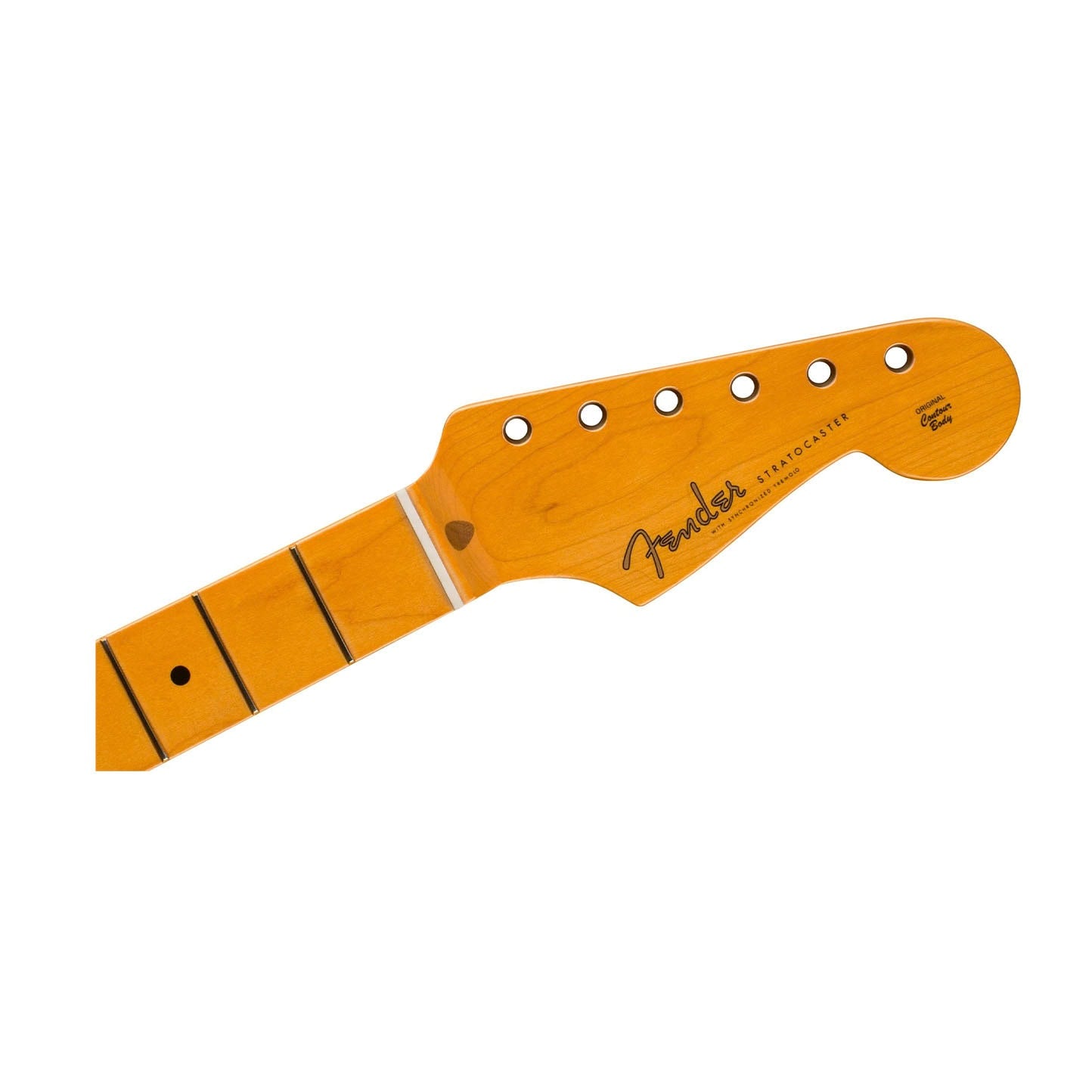 Light brown wooden Fender Stratocaster guitar neck with six tuning peg holes and partial fretboard.