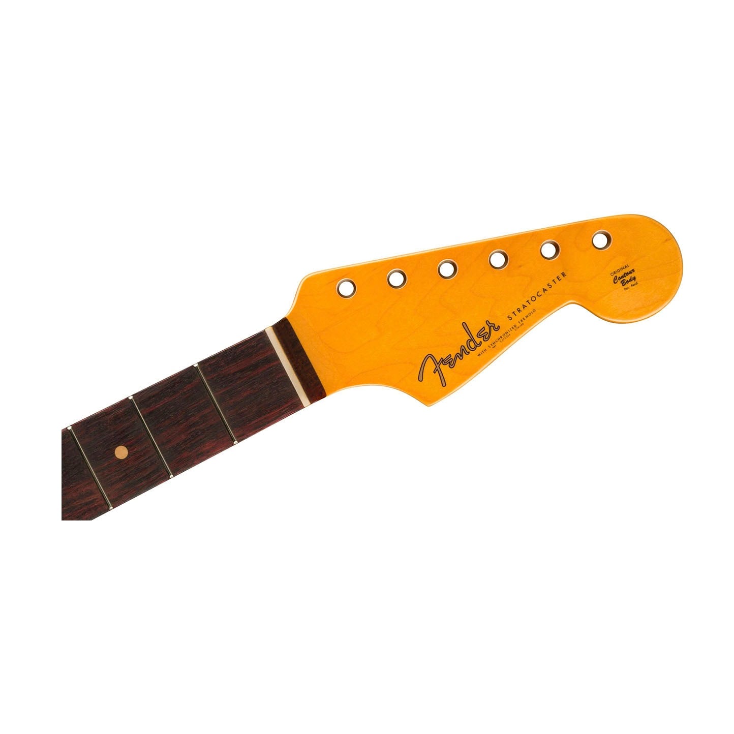 Close-up of a guitar neck and headstock with visible frets and tuning peg holes.