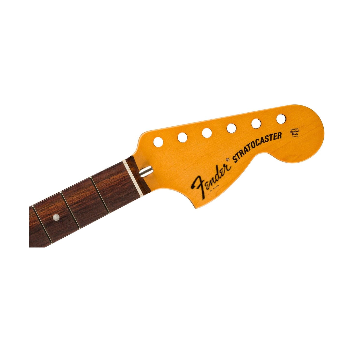 Close-up of a Fender Stratocaster guitar neck headstock with six tuning peg holes and part of the fretboard.