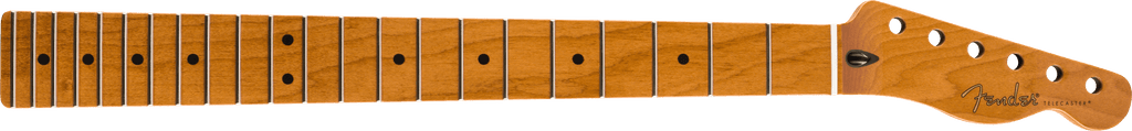 A roasted maple guitar neck with 22 frets and Fender Telecaster headstock showing tuning peg holes.