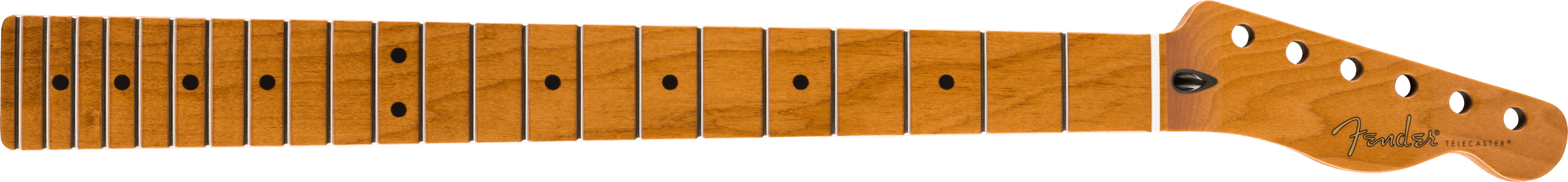 A roasted maple guitar neck with 22 frets and Fender Telecaster headstock showing tuning peg holes.