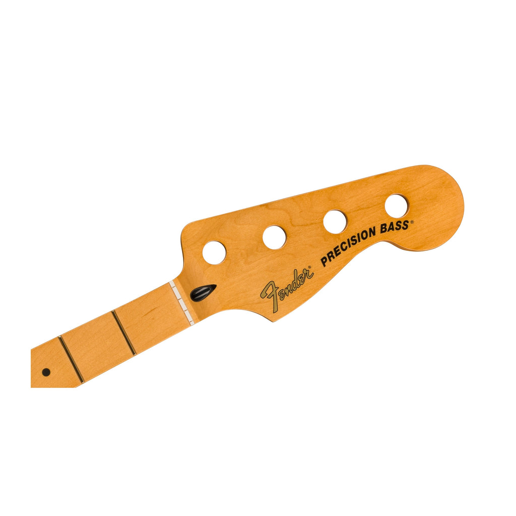 Wooden headstock and part of fingerboard of a Fender Precision Bass neck with four tuner holes and fret markers.