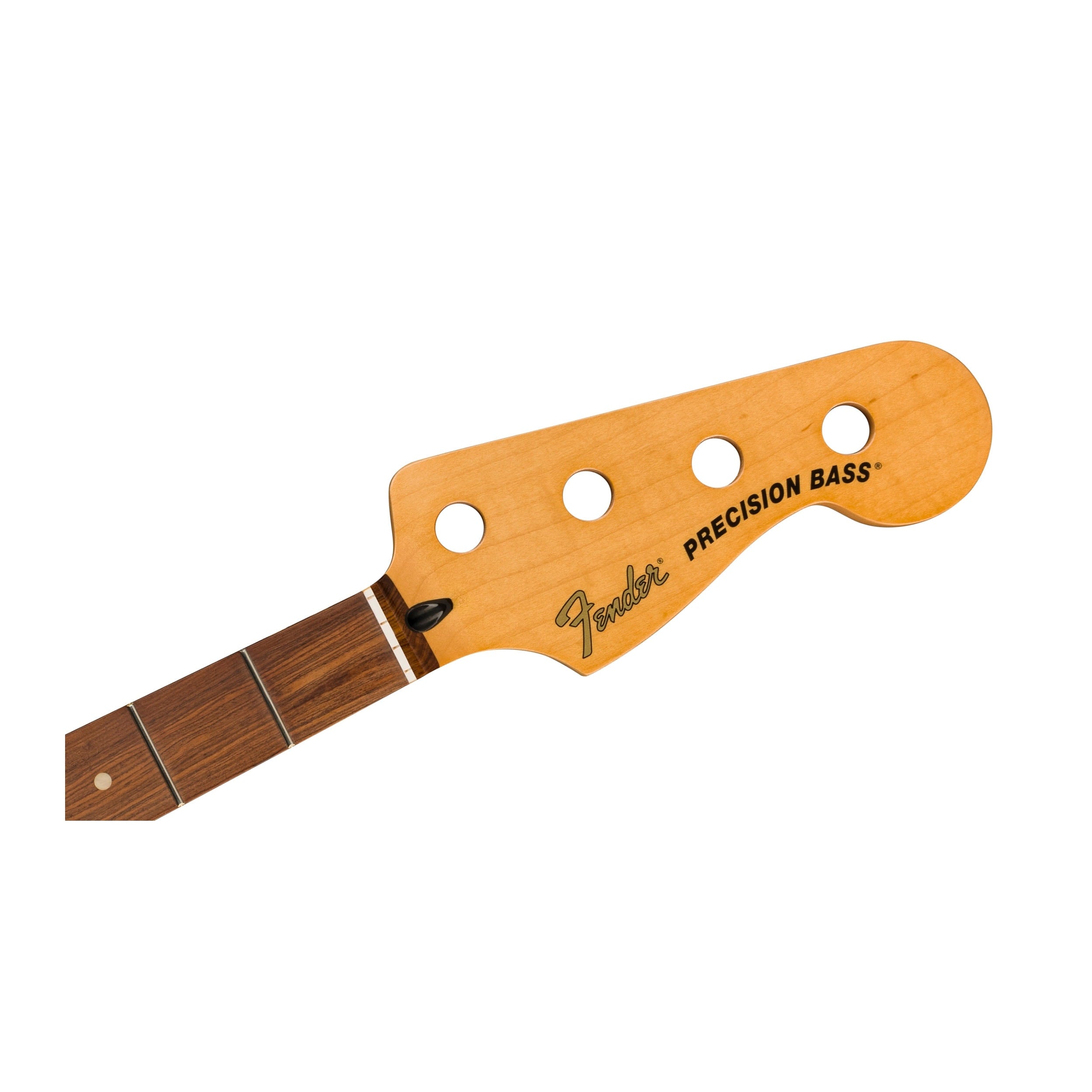 Wooden bass guitar neck with four tuning peg holes and a rosewood fretboard section.