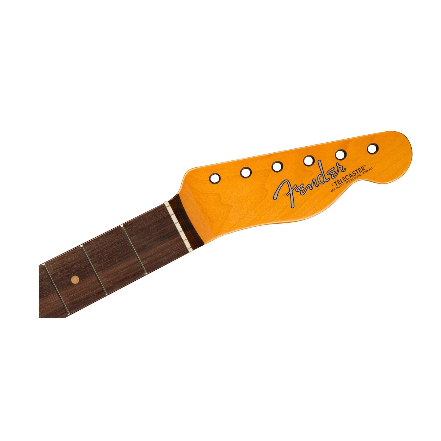 Guitar neck with rosewood fretboard and a light brown headstock labeled Fender Telecaster.