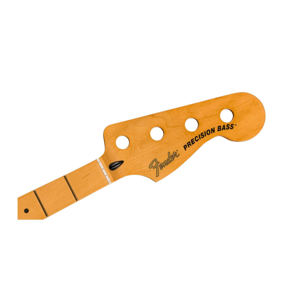 Natural wood guitar neck with four tuning peg holes and Fender Precision Bass logo on headstock.