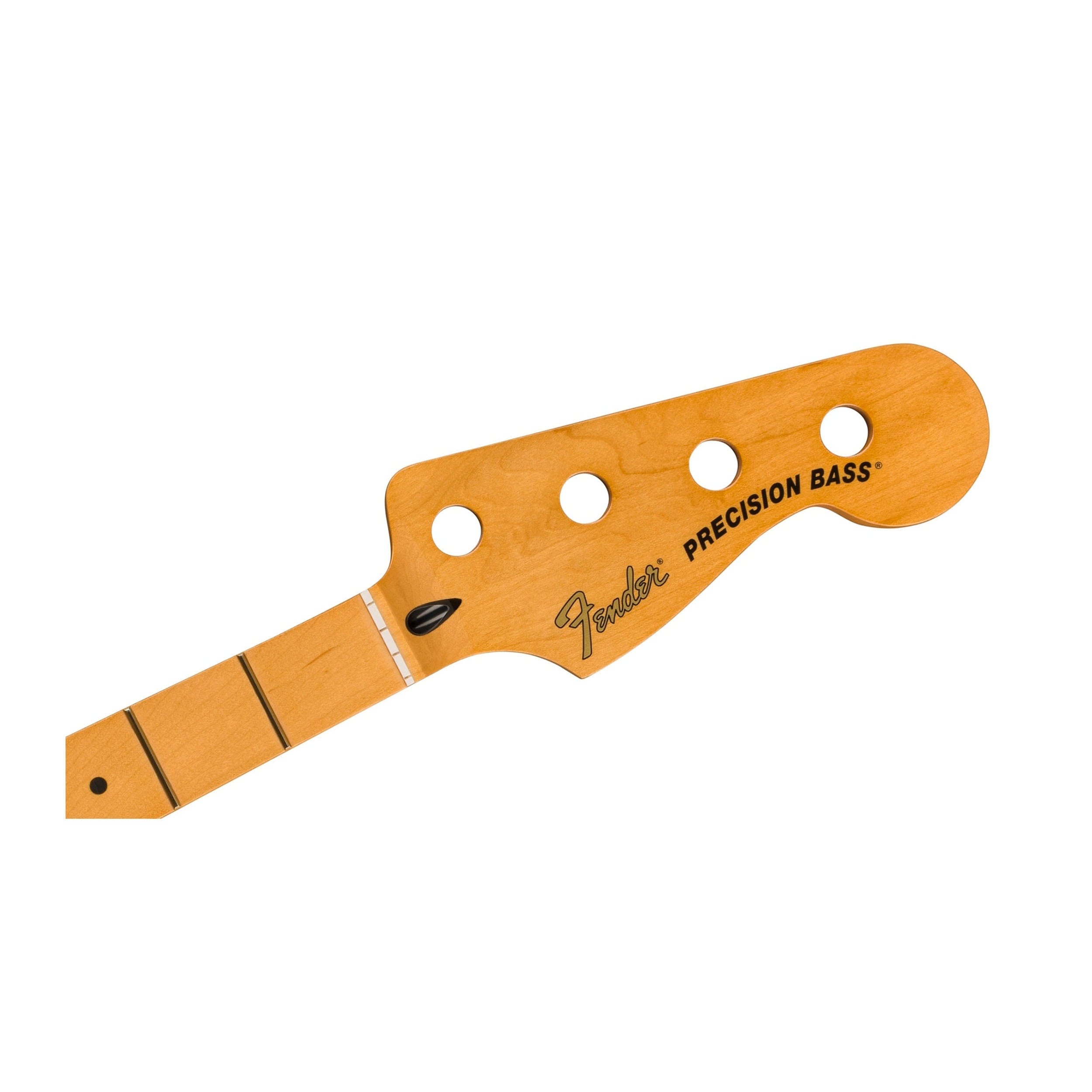 Natural wood guitar neck with four tuning peg holes and Fender Precision Bass logo on headstock.