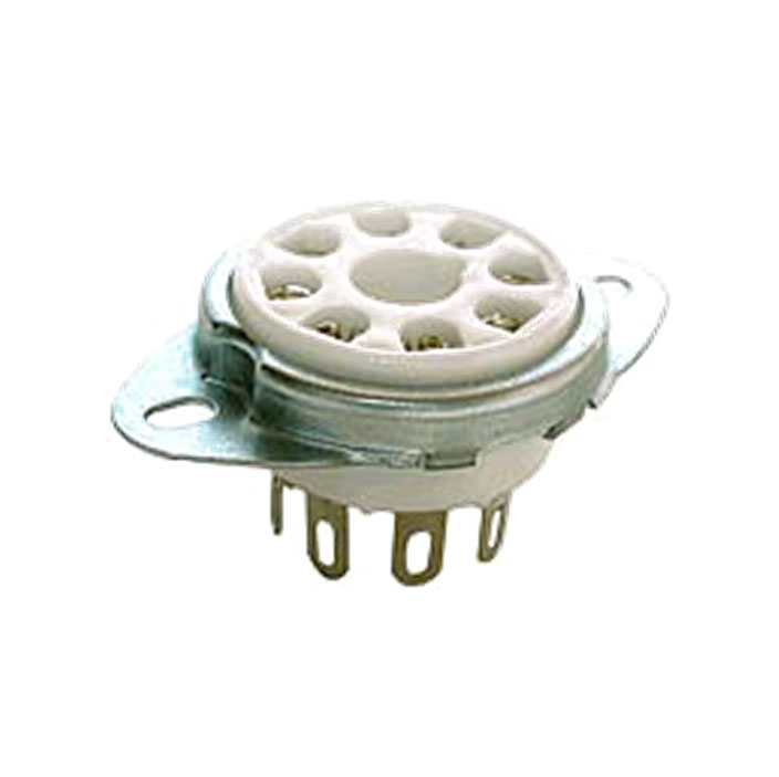 White ceramic and metal 8-pin tube socket with two mounting tabs.