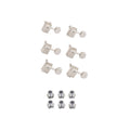 Six chrome tuning machines and six matching bushings arranged on a white background.