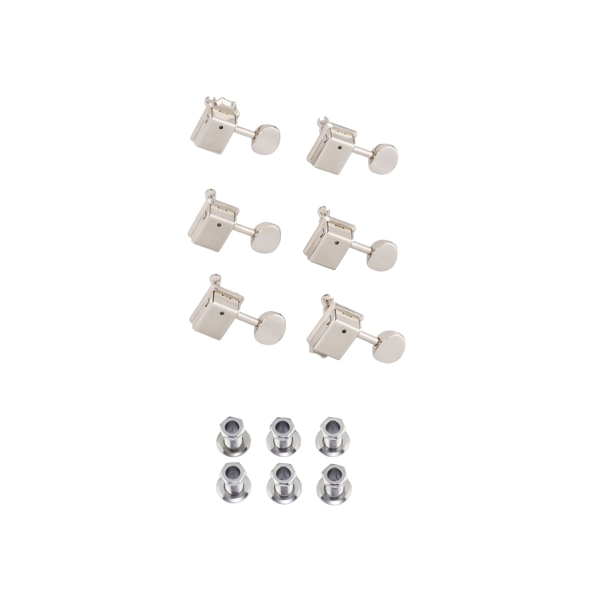 Six chrome tuning machines and six matching bushings arranged on a white background.