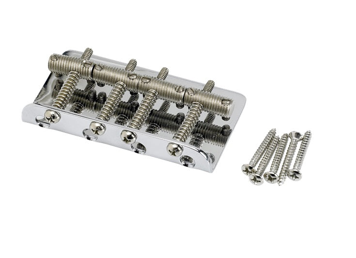 Metal bridge assembly with four adjustable saddles and four screws on a white background.