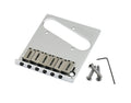 Chrome metal guitar bridge plate with six saddles, three screws, and a hex key on a white background.