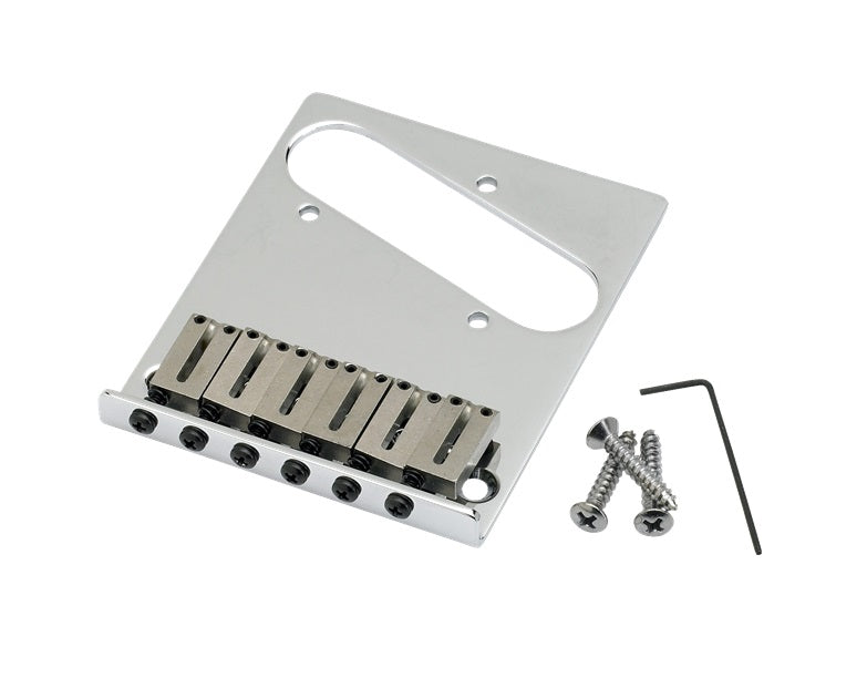 Chrome metal guitar bridge plate with six saddles, three screws, and a hex key on a white background.