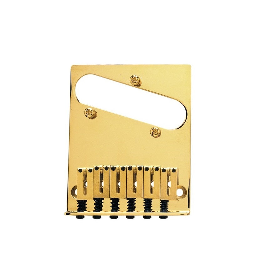 Gold metal 6-saddle bridge plate for electric guitar with angled cutout and adjustment screws.