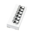 Six chrome guitar tuning machines with Fender logo on knobs mounted on white cardboard base.