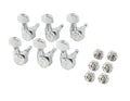 Set of six chrome guitar tuning machine heads with short posts and six matching hex nuts.