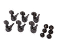 Set of eight black guitar tuning machines with six matching black mounting nuts.