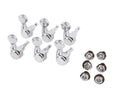Set of six chrome guitar tuning machines with six mounting bushings on white background.