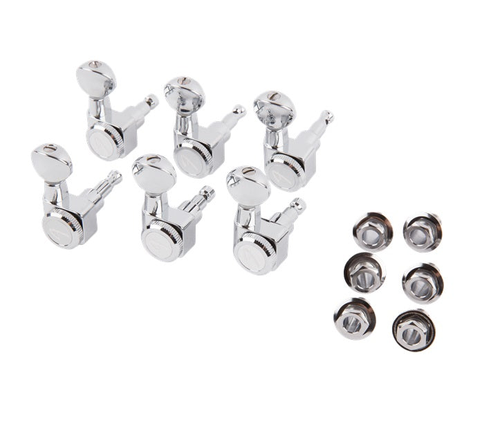 Set of six chrome guitar tuning machines with six mounting bushings on white background.