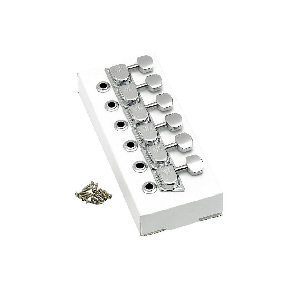 Set of six chrome tuning machines mounted on white packaging with screws included.