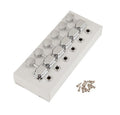 Set of six chrome guitar tuning machines with tuning pegs and mounting screws on a white surface.