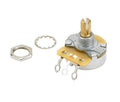 Rotary potentiometer with three solder lugs, split shaft, nut, and lock washer on white background