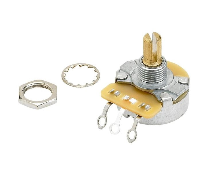 Rotary potentiometer with three solder lugs, split shaft, nut, and lock washer on white background